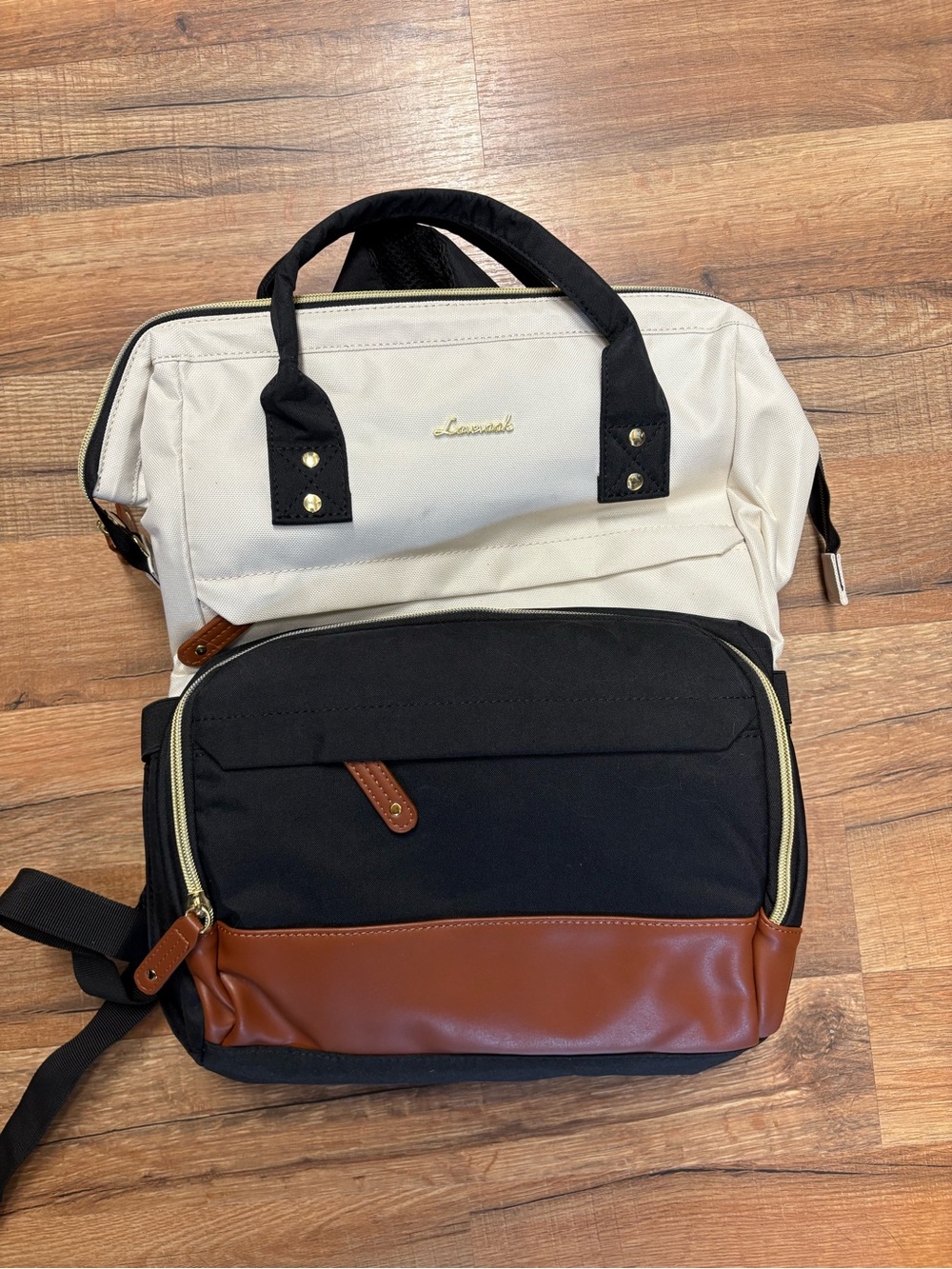 Two-Tone Canvas & Faux Leather Backpack - Black & Cream